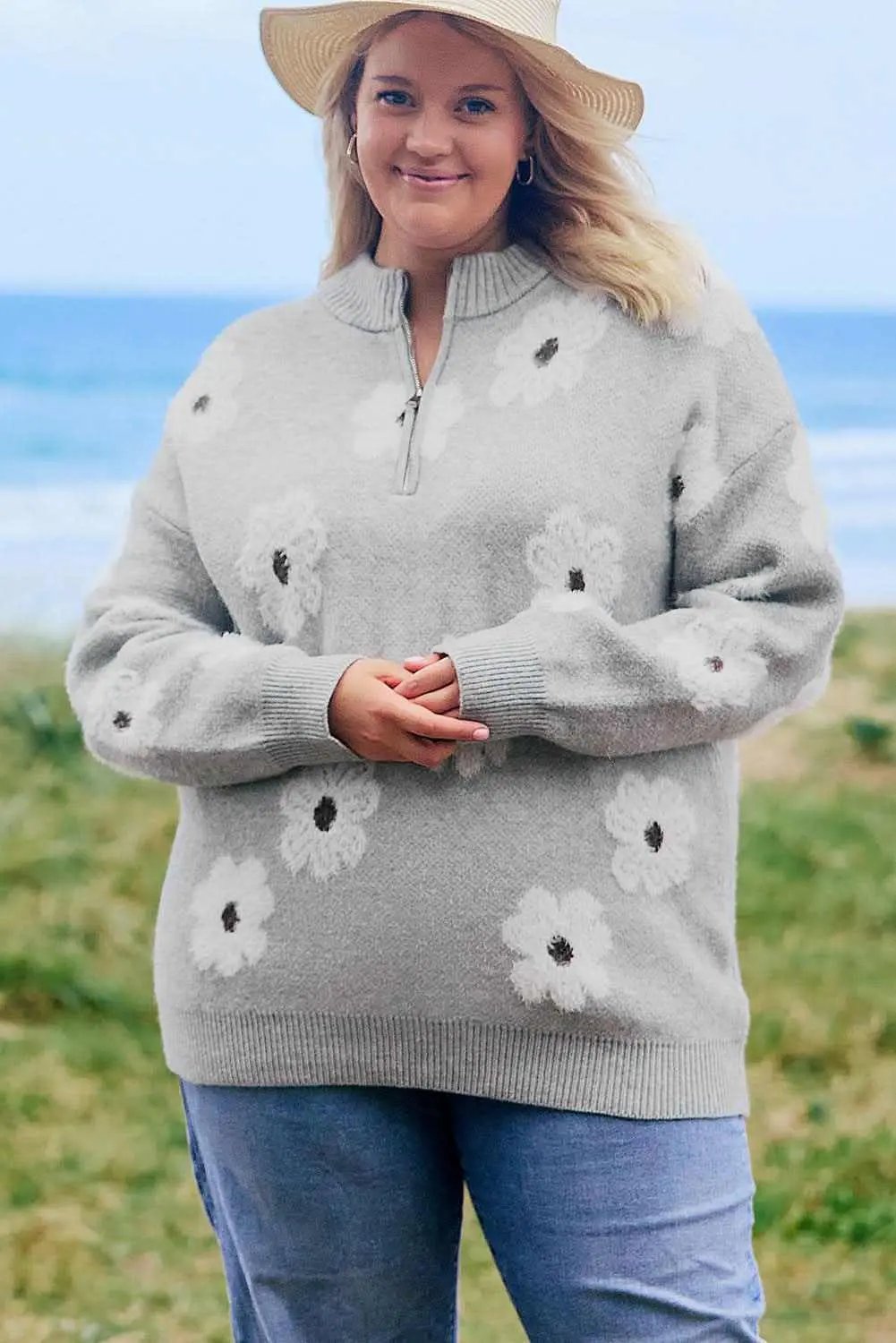 Gray floral embroidered plus size sweater - Love Salve